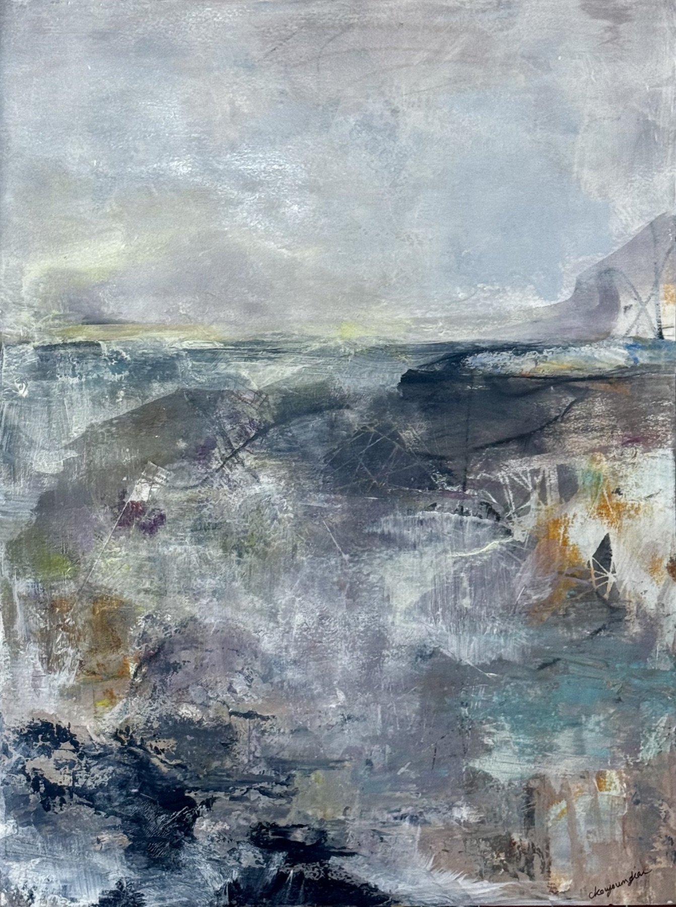 Abstract landscape painting “Vital Elements” by Camille Kouyoumdjian, Acrylic, 18x24.