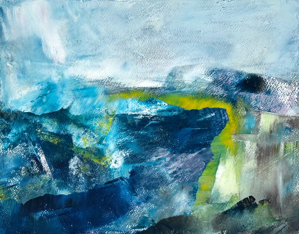 Abstract landscape painting “Keep Dreaming” by Camille Kouyoumdjian, Oil and cold wax, 11x24.