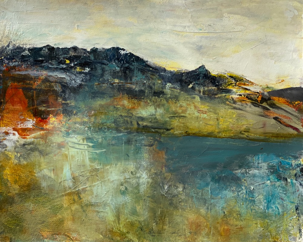 Abstract landscape painting “Dream Lake” by Camille Kouyoumdjian, Acrylic, 16x20.