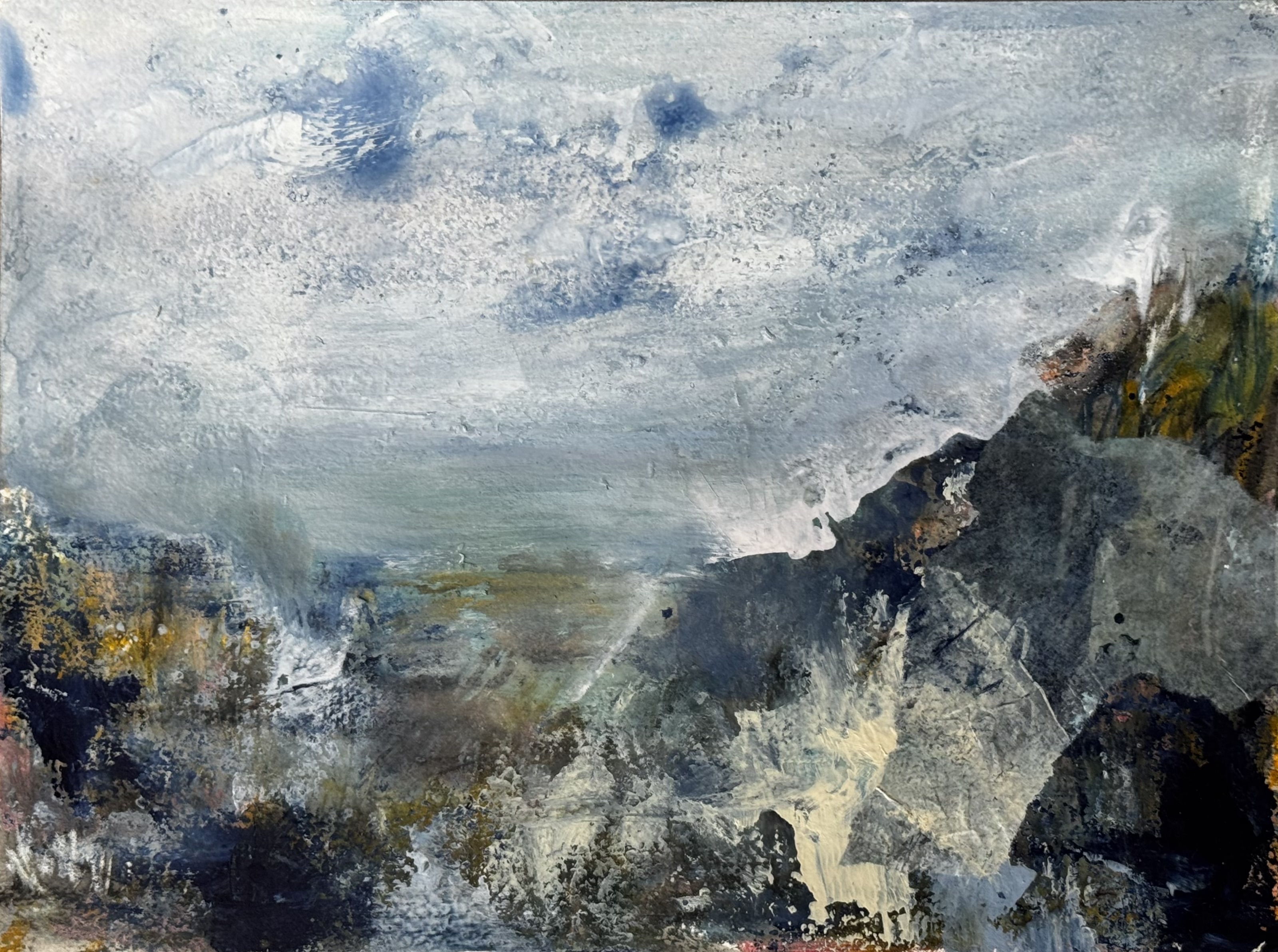 Abstract landscape painting “Quiet Earth” by Camille Kouyoumdjian, Oil and cold wax, 12x9.
