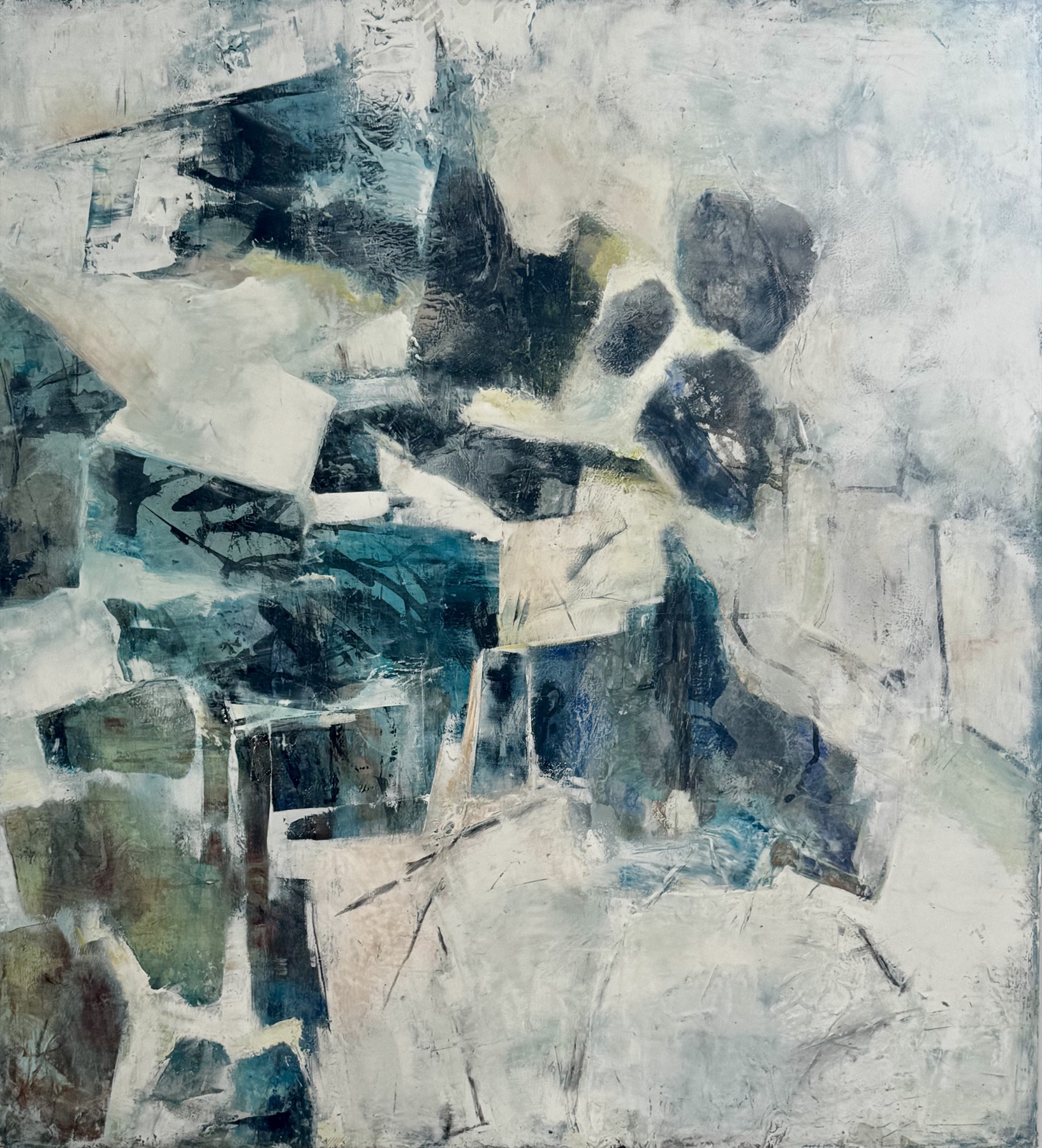 Abstract landscape painting “The Four Winds” by Camille Kouyoumdjian, Oil and cold wax, 28x30.