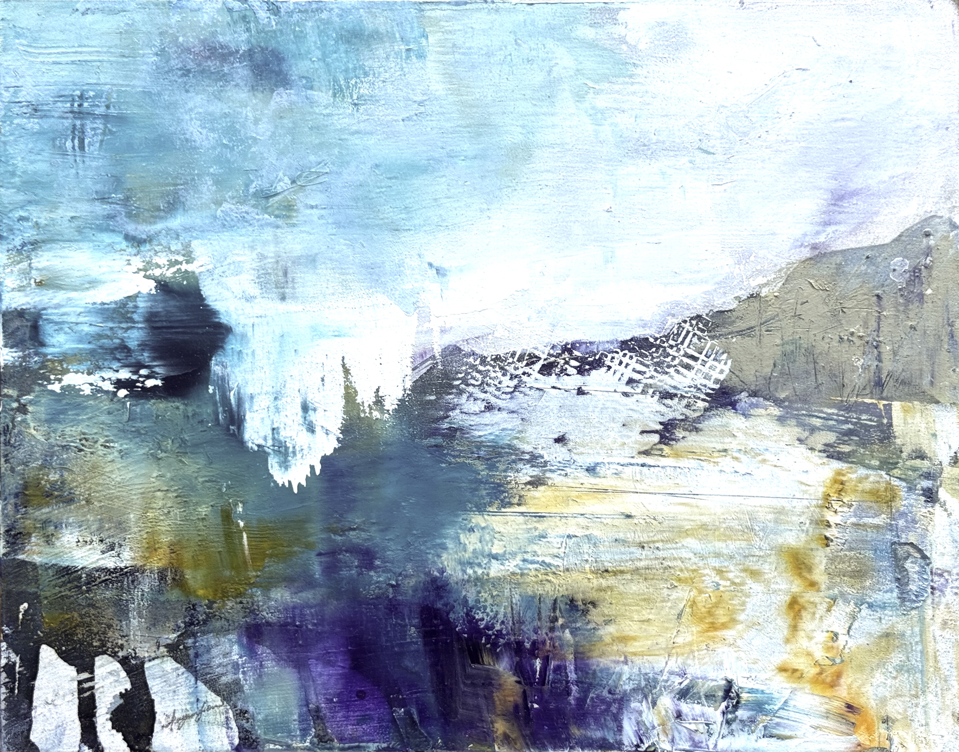 Abstract landscape painting “Sunshine and Shadows” by Camille Kouyoumdjian, Oil and cold wax, 9x12.