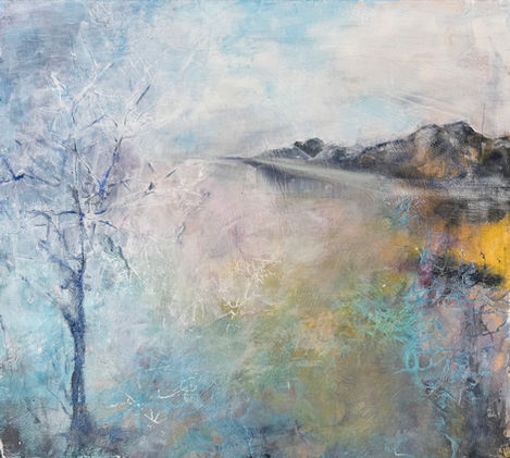 Camille Kouyoumdjian semi-abstract landscape painting, acrylic/mixed media 22.5x20