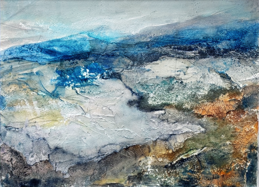 Abstract landscape painting “Tides of Change” by Camille Kouyoumdjian, Acrylic, 12x16.