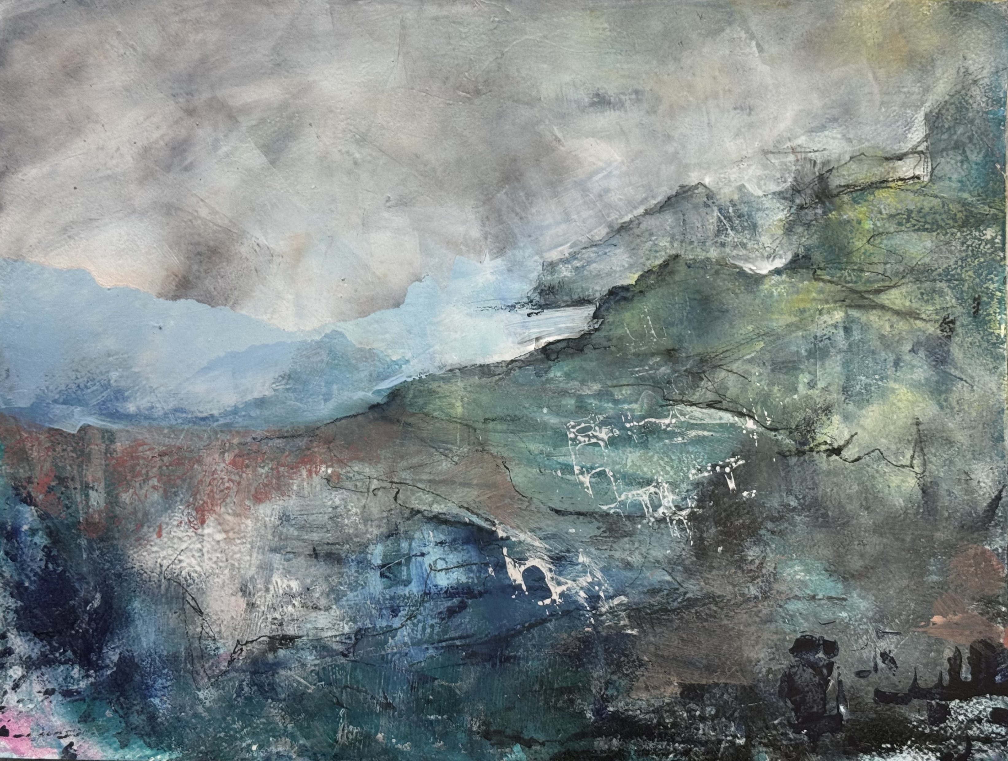 Abstract landscape painting “Above the Clouds” by Camille Kouyoumdjian, Oil and cold wax, 11x15.
