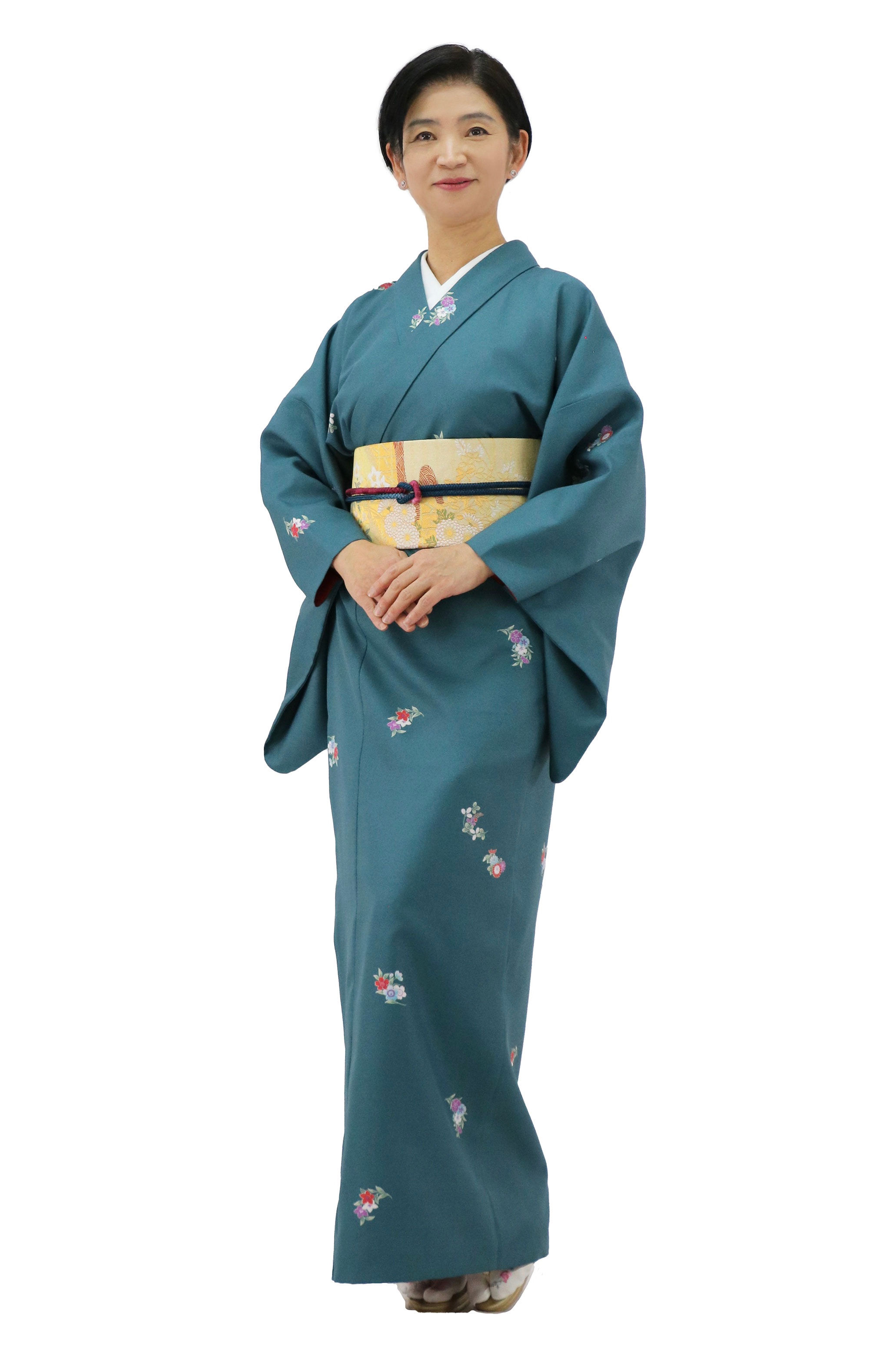 Kimono that anyone can easily put on by themselves.(華五彩-青緑)