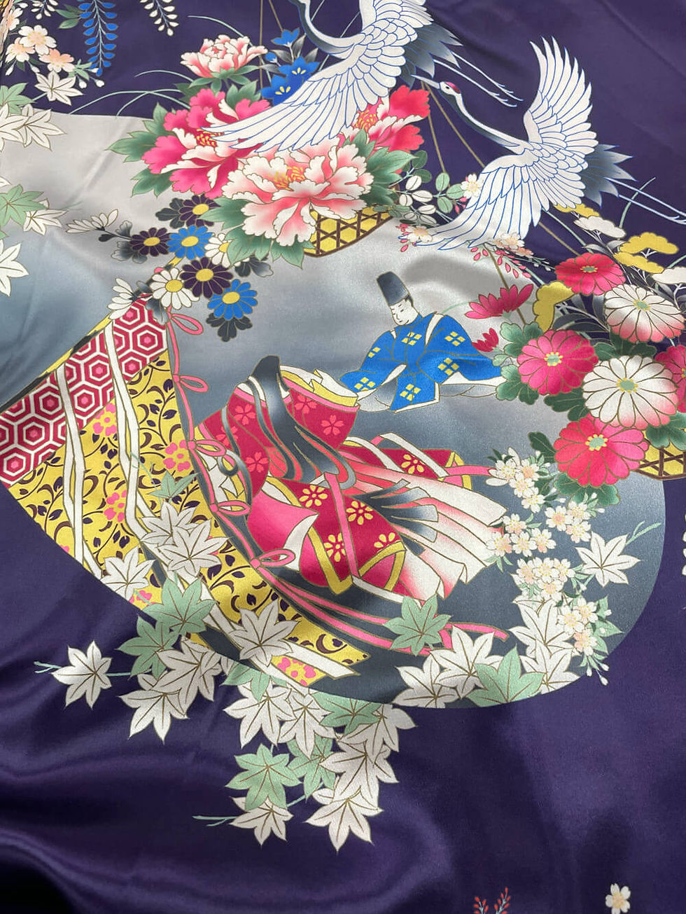 サムネイル： Silk-touch Japanese Pattern Robe (Gown)  (long type) かぐや 紺 02-B