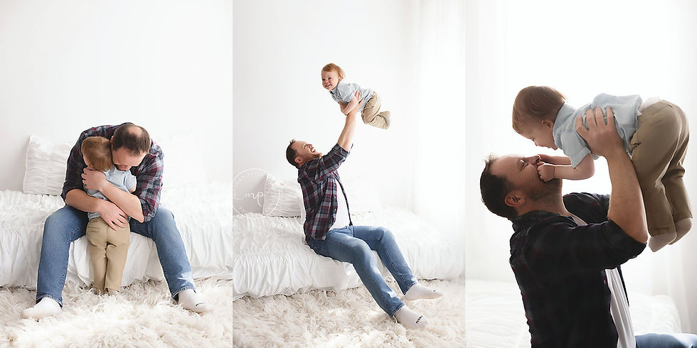 Dad and toddler in cozy room; hugging, lifting, and playing joyfully. White bedding, fluffy rug, soft light, and warm emotions.