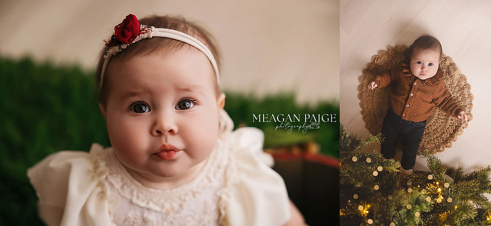 Cute baby with headband and white dress, close-up. Second image: baby in brown sweater on a rug, near a lit Christmas tree. Meagan Paige text.