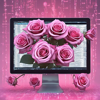 Illustration of pink roses spilling out of a computer monitor showing source code