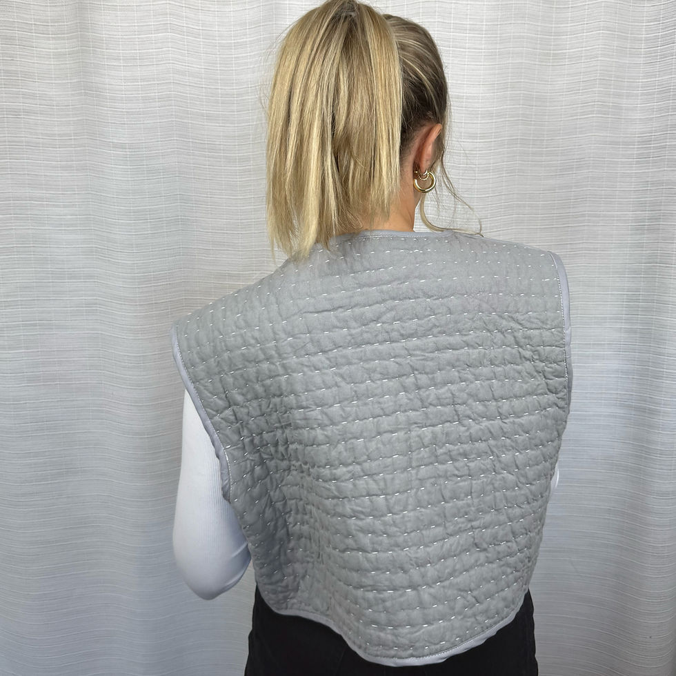 Thumbnail: Gray reverse side of reversible vintage quilt vest, back view on model