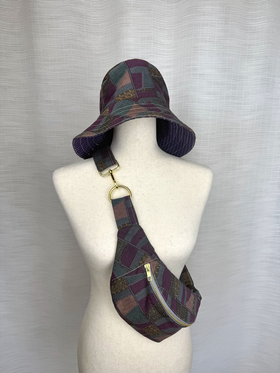 Thumbnail: Upcycled bucket hat and fanny pack set made from thrifted scrap fabric, unisex accessories