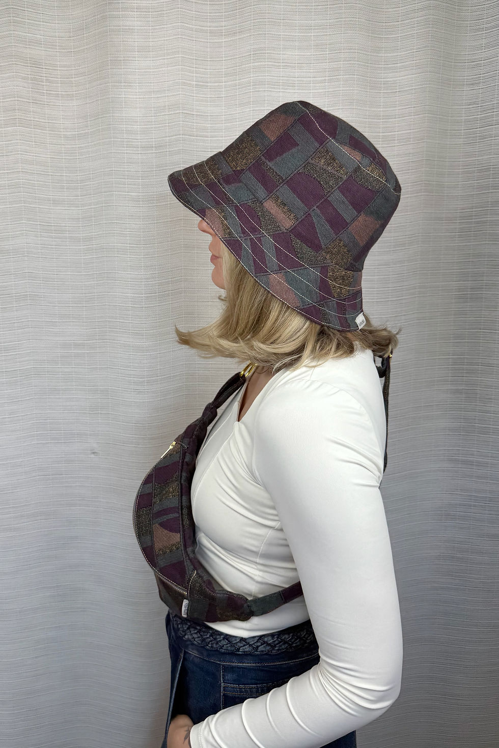 Reversible upcycled bucket hat in XL size with 24.4 inch circumference, side angle