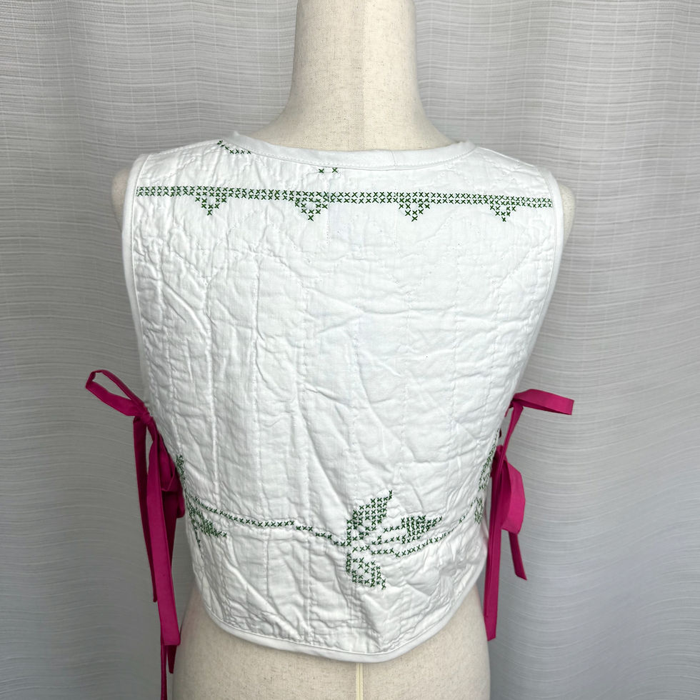 Thumbnail: Back of upcycled quilted top with pink and green embroidery (L)