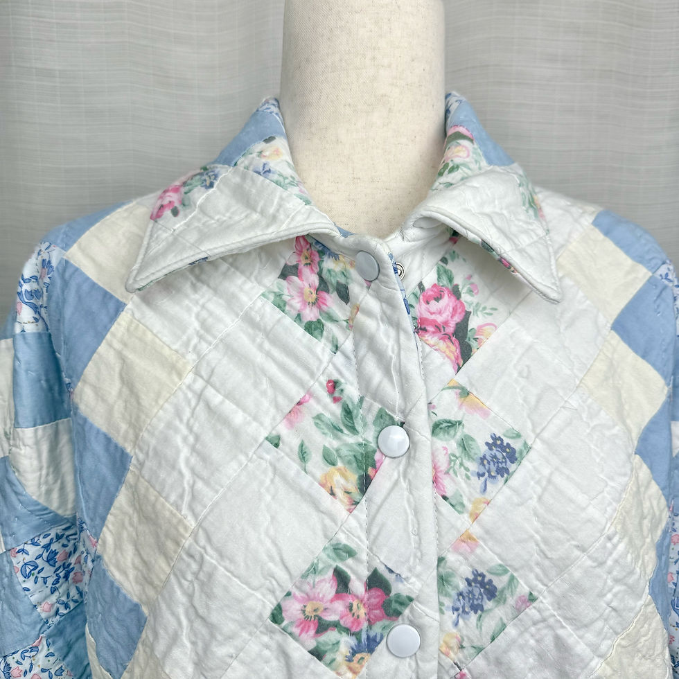 Thumbnail: Close-up of collar, floral accents, and snap-button placket on quilt coat