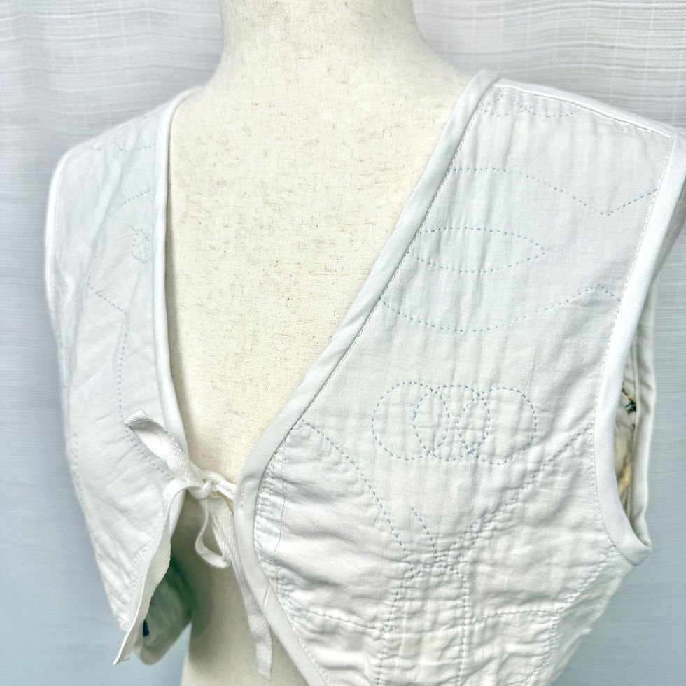 Thumbnail: Close-up of white embroidered reverse side of vintage quilt vest, front view