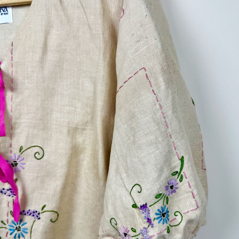 Thumbnail: Close-up of floral embroidery and cinched sleeve on beige vintage cotton