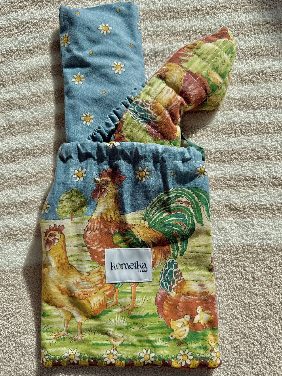Three-piece upcycled vintage tablecloth wellness set crafted entirely from a blue fabric featuring chickens and wildflowers