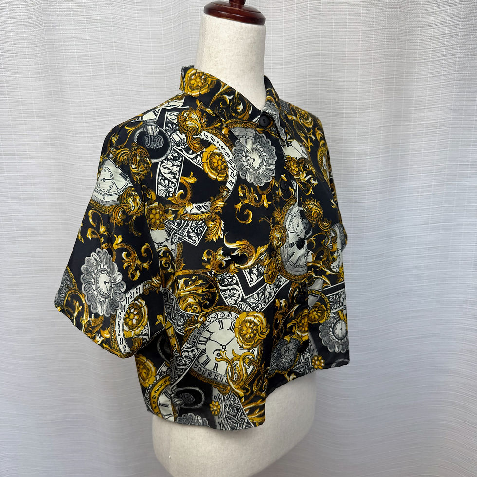 Thumbnail: Side angle of upcycled Petite Impressions cropped shirt showing gold clock pattern