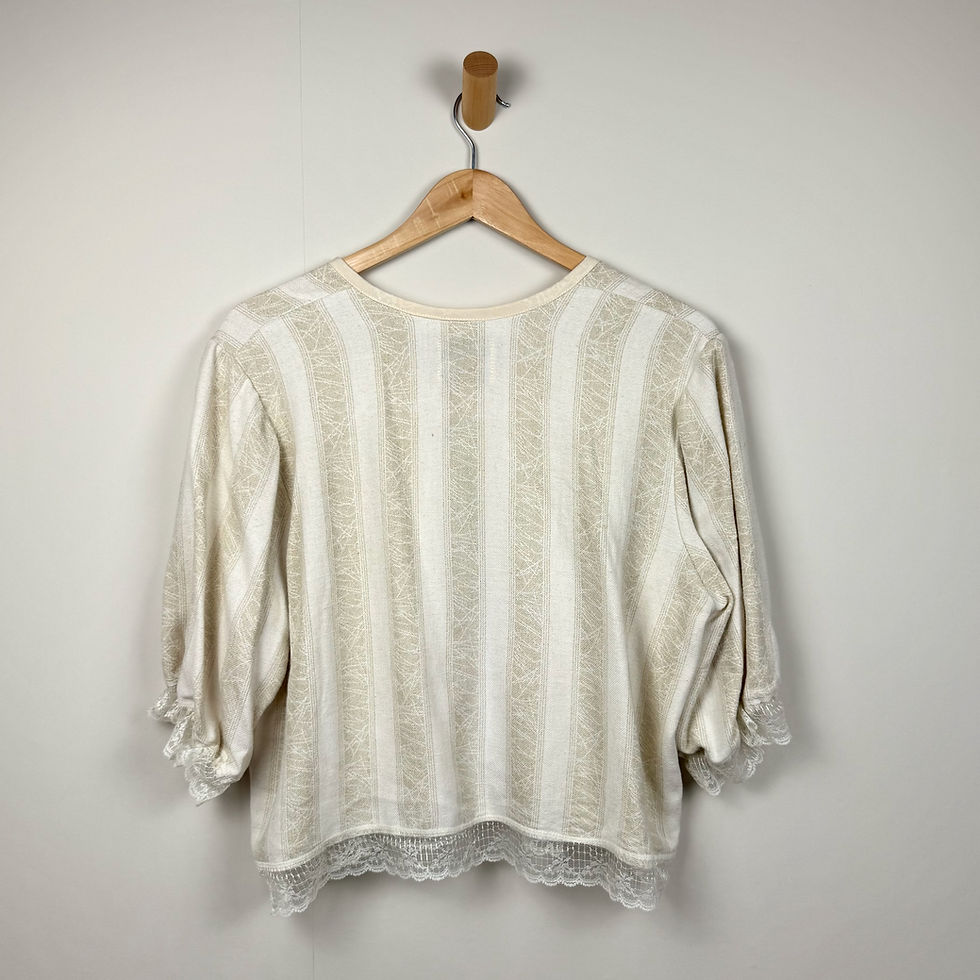 Thumbnail: Back view of upcycled lace-trim blouse on hanger with subtle stripe