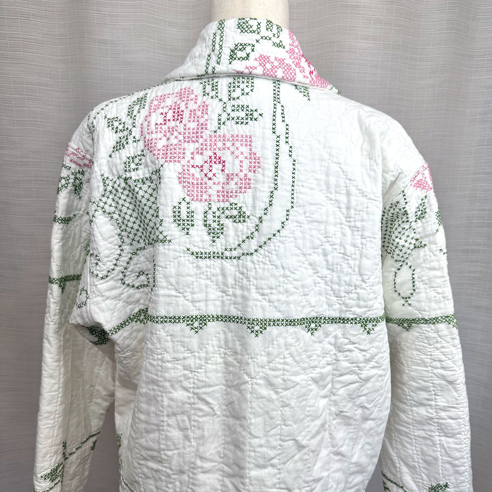 Thumbnail: Close-up of embroidered back yoke on upcycled quilt coat