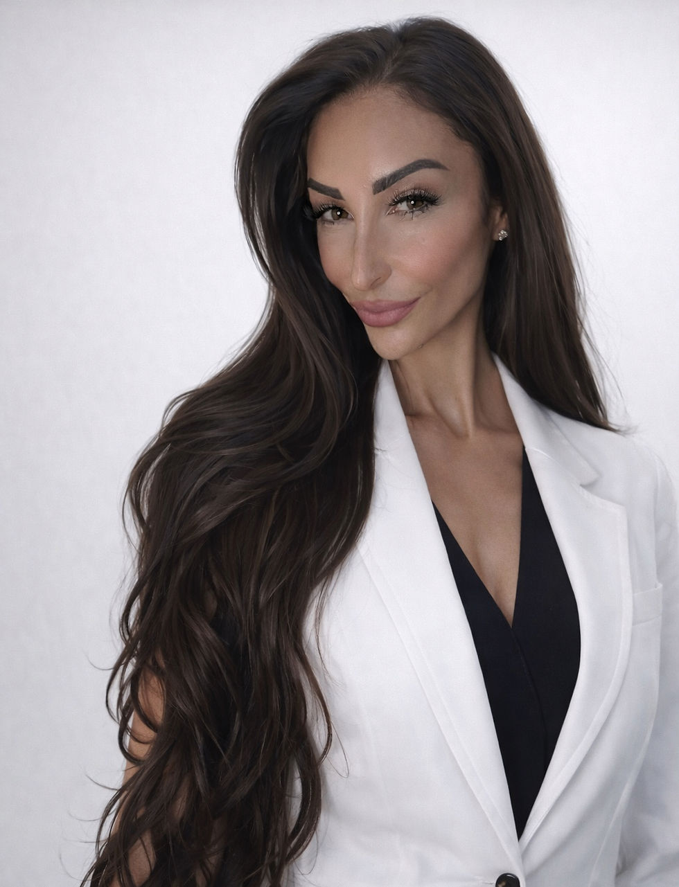 Portrait of a skin specialist with long wavy dark hair.