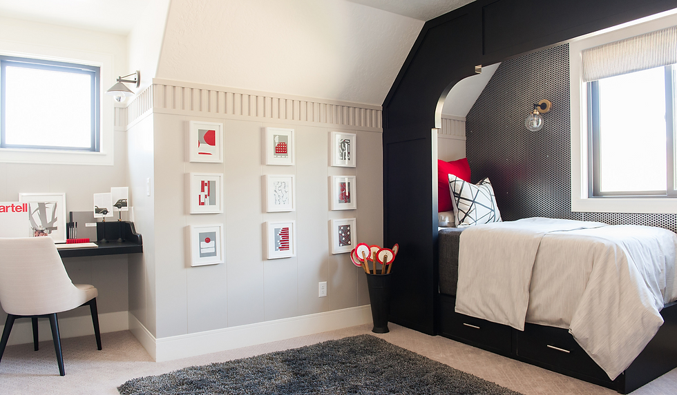 slanted ceiling, black wall treatment, nook cut outs