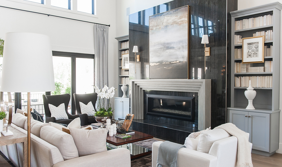 Grey bookcase, marble fireplace veneer