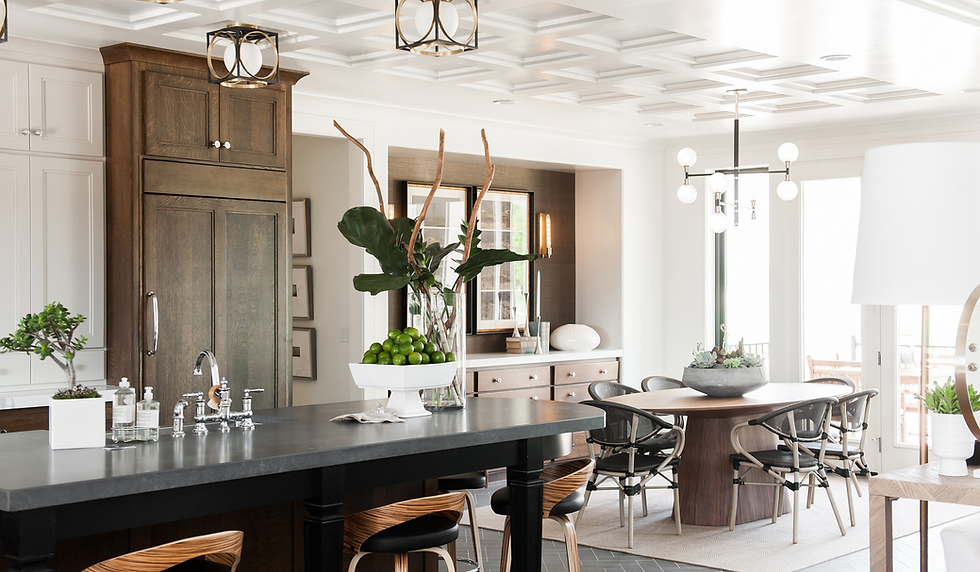 Mixed white and walnut cabinetry, ceiling boxed trim