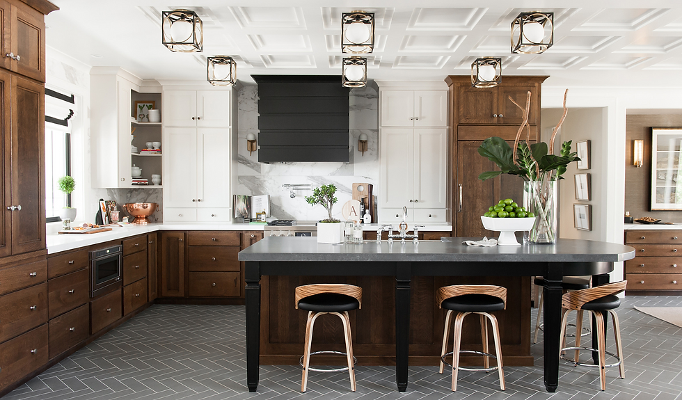 semi flush lighting kitchen, black hood, mixed wood