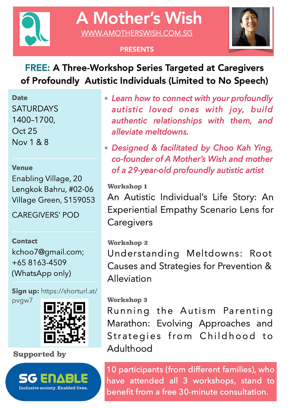 Free Workshop Series in Singapore on Profound Autism (limited to no speech) - Oct 25, Nov 1 & 8