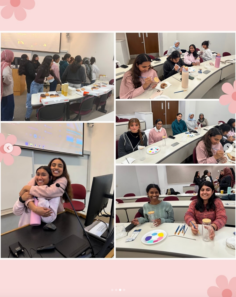 Collage of students painting tumblers and eating snacks