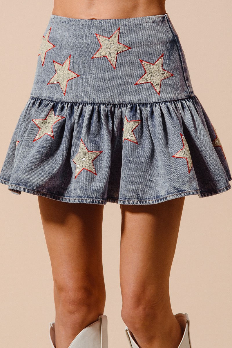 Star Sequins Washed Denim Fourth Of July Skirt