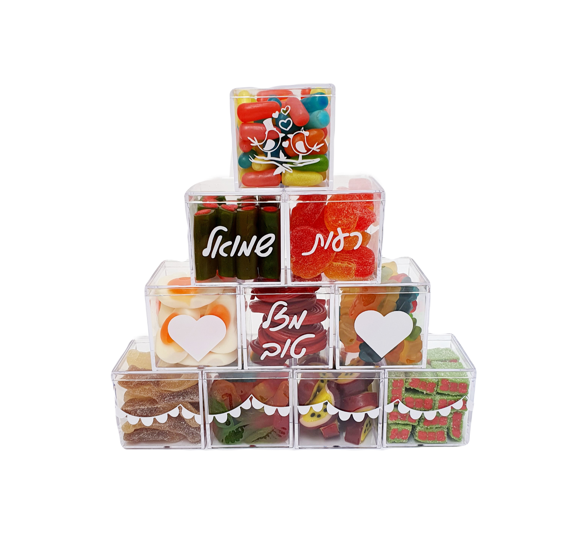 Pyramid of lucite cubes filled with candy for the newly engaged couple