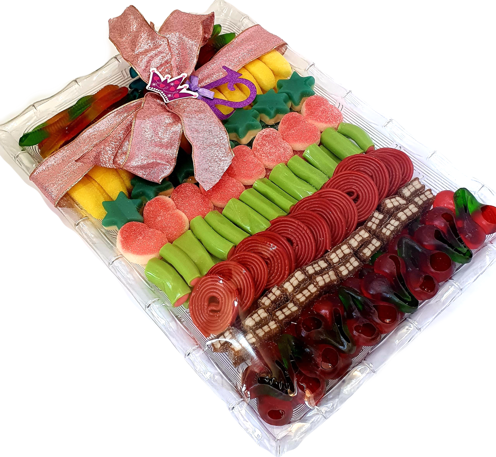 Reusable plastic tray filled with rows of kosher candy and topped with festive ribbons for the Bat Mitzvah celebration
