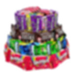 Colorful display in the shape of a birthday cake, filled with wrapped candy and chocolates. Kosher