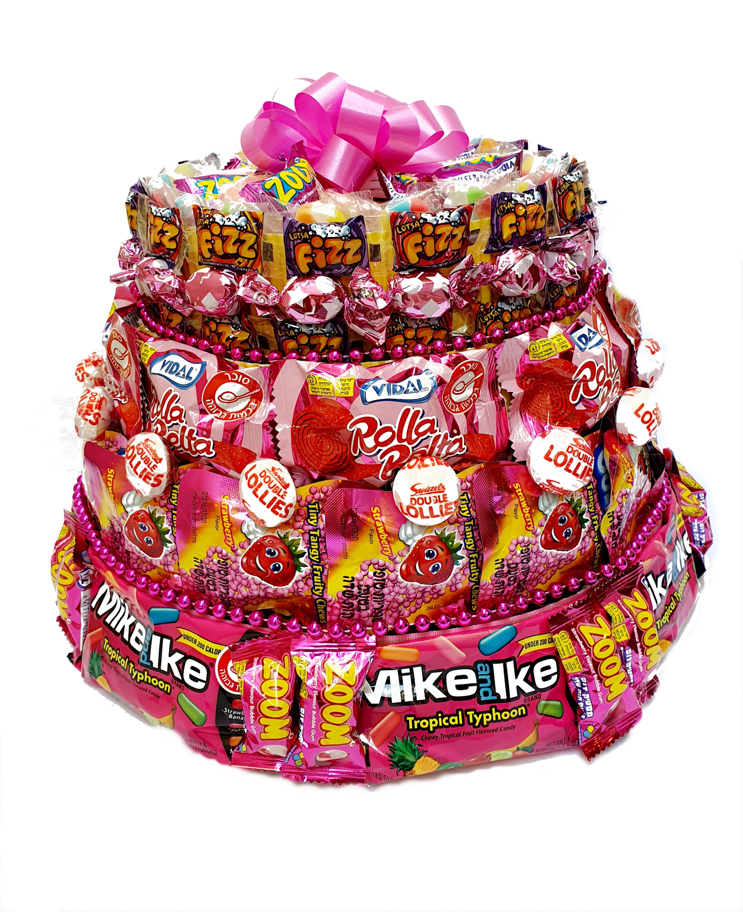 Candy display arranged to look like a birthday cake. Uses all wrapped candy in pink, topped by a blue bow