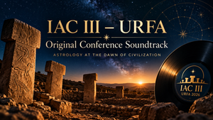 Cover artwork for IAC III – URFA 2026: Astrology at the Dawn of Civilization, Original Conference Soundtrack, featuring Göbeklitepe-inspired stone pillars, the night sky and a vinyl record.