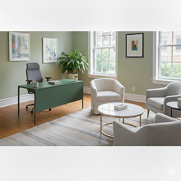A consulting room with armchairs and natural light