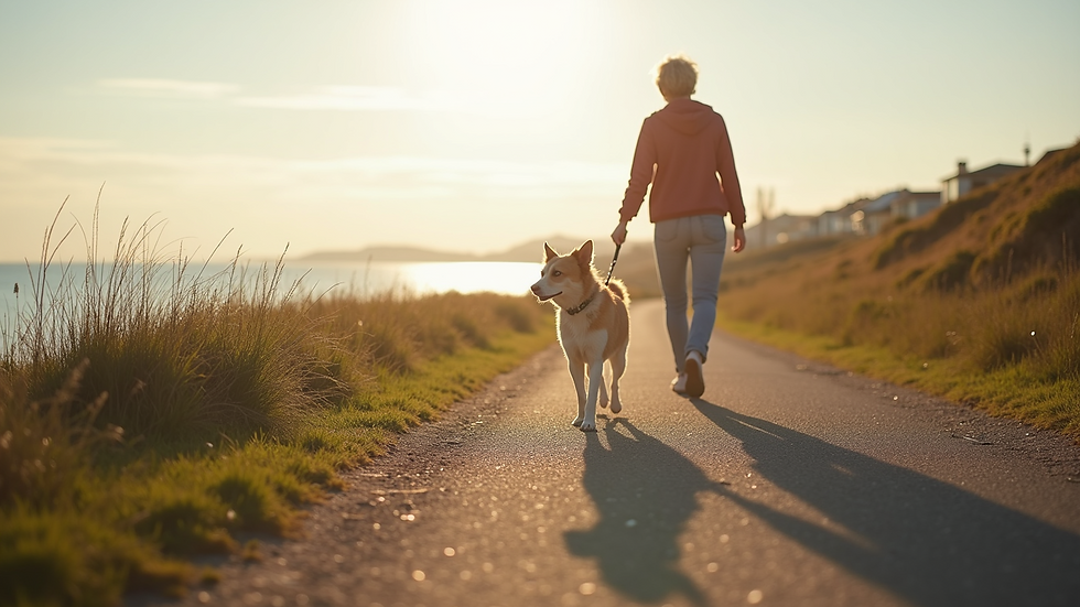 Eye-level view of a dog walker walking a happy dog along a coastal path