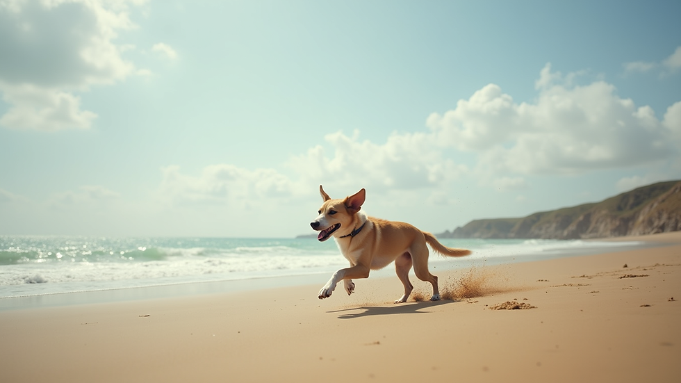 Wide angle view of a dog playing on a sandy beach in St Ives