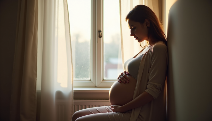 Eye-level view of a pregnant woman sitting quietly by a window, holding her belly