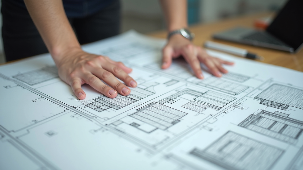 Eye-level view of detailed as-built drawings on a drafting table