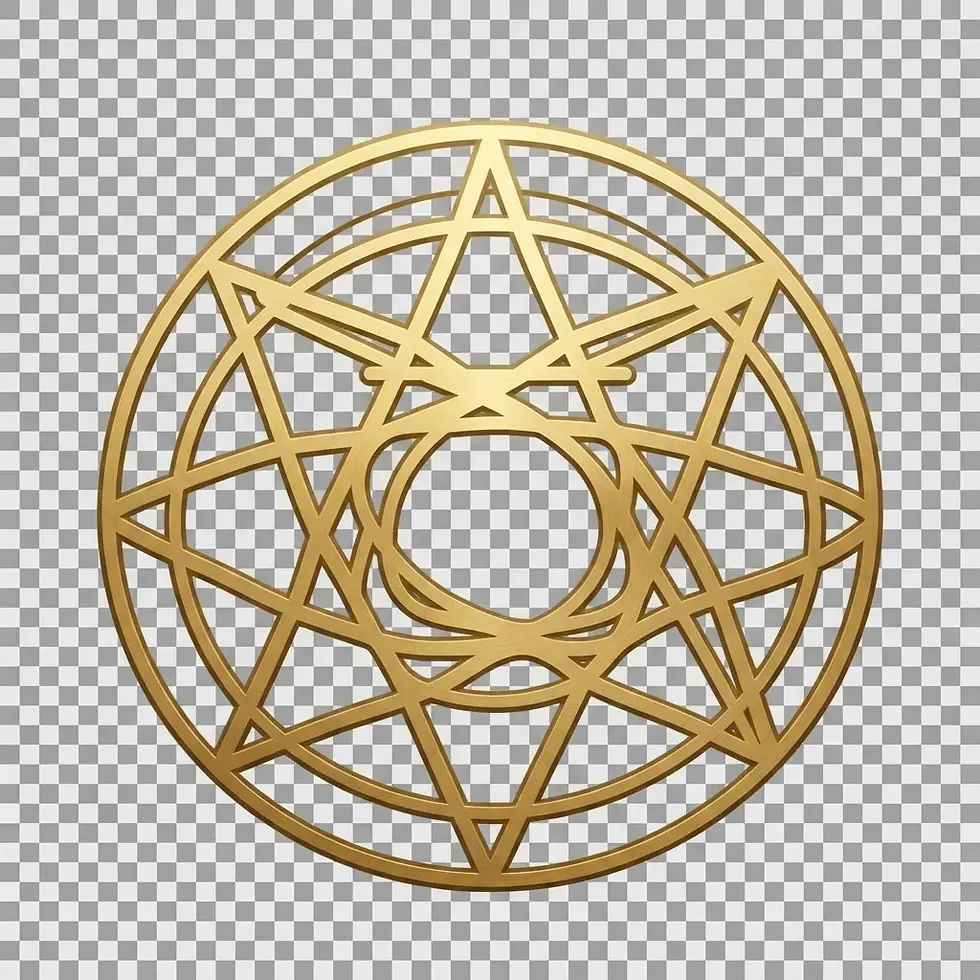 Graphic illustration of an intricate golden geometric symbol. The design features a complex circular arrangement of lines and shapes, suggesting an arcane or mystical sigil.