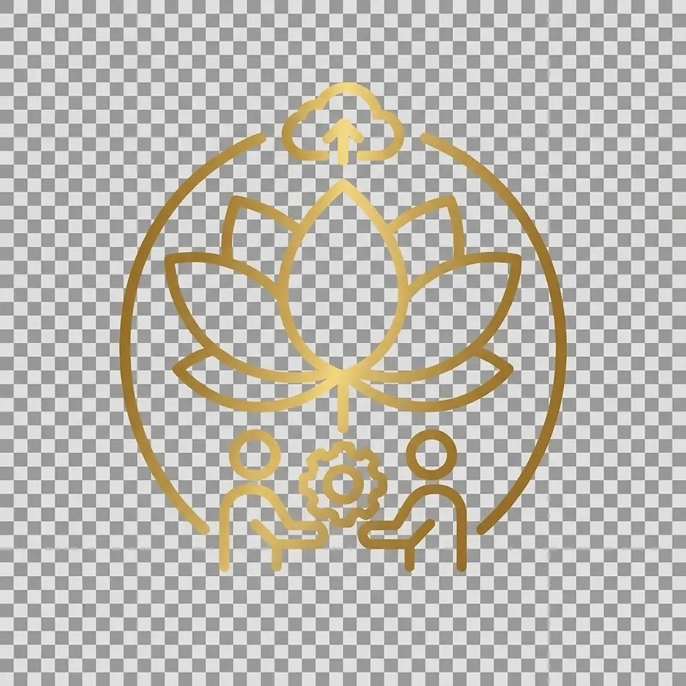 Digital illustration of a golden icon featuring a lotus flower, collaborative figures, and a cloud symbol, representing growth and digital transformation.