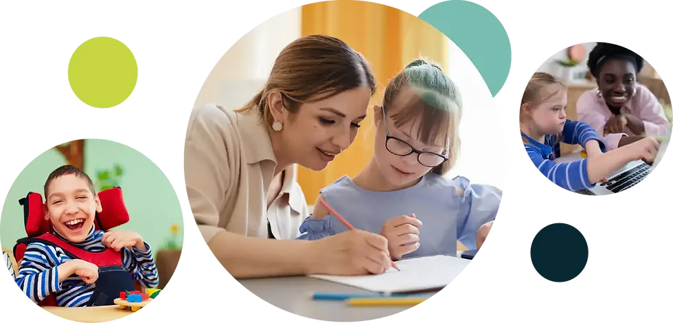 Collage of educators helping children: a teacher guides a girl writing, a laughing boy in a red wheelchair, and a child using a laptop.