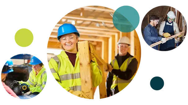 Collage of construction workers in hard hats and safety vests carrying lumber and inspecting materials inside a wood-framed building.