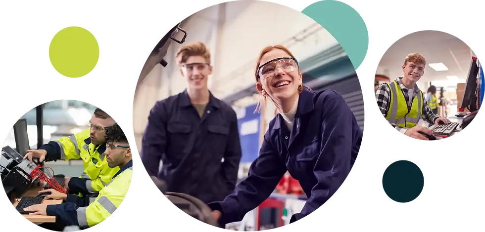People wearing safety gear working in tech settings. One smiles while operating machinery, others collaborate at a computer. Bright, industrial.