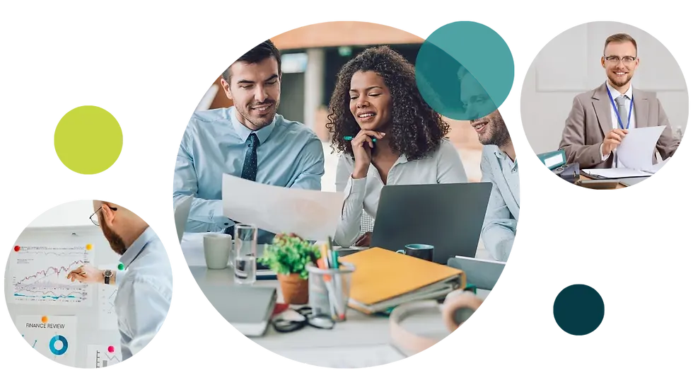 Business team reviews charts around a laptop at an office desk; side circles show finance analysis and a smiling manager.