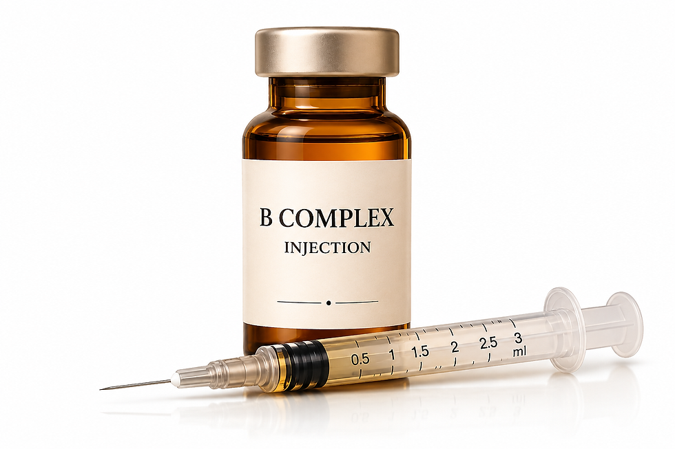B Complex injection vial and syringe on a pure white background, clean product shot, landscape.